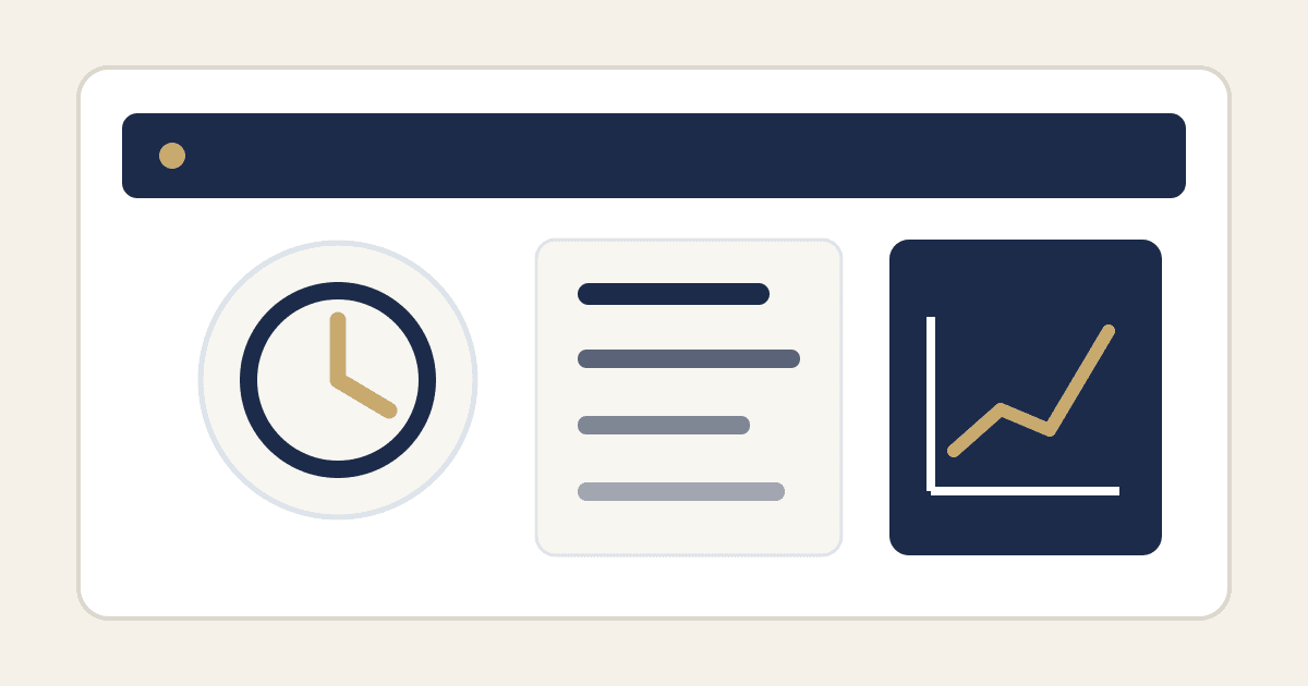 Administrative workflow dashboard with a clock, email rows, and a falling time chart
