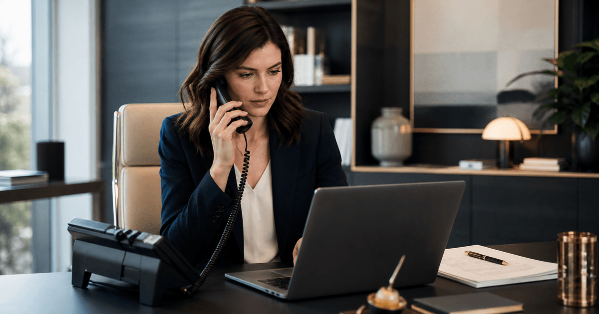 Executive assistant verifying a payment request by phone while reviewing sender details on a laptop