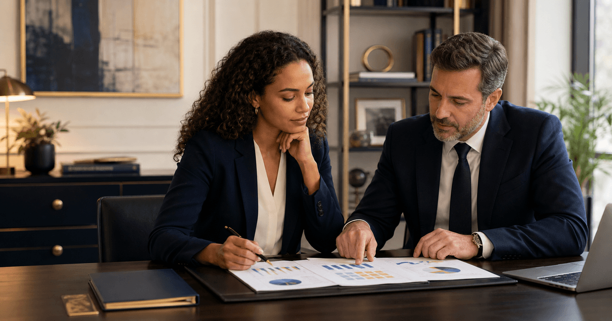 Executive assistant candidate and hiring manager reviewing a structured skills and training matrix