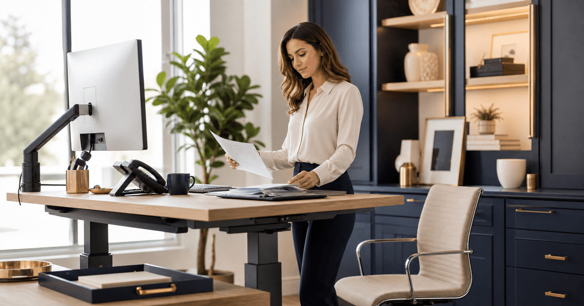 Executive assistant using an adjustable workstation for calendar and correspondence tasks