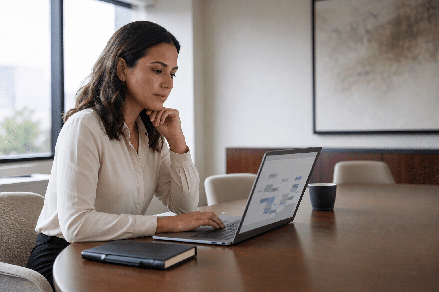 Executive assistant conducting a privacy-aware review of a digital calendar