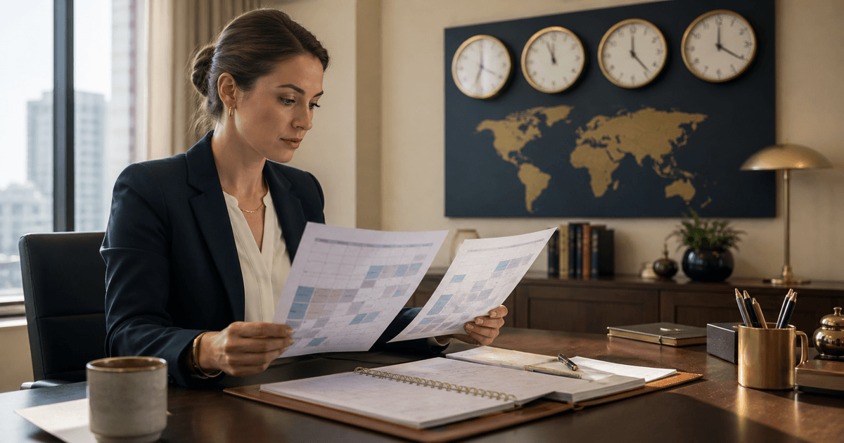 Executive assistant comparing schedules against several time-zone clocks