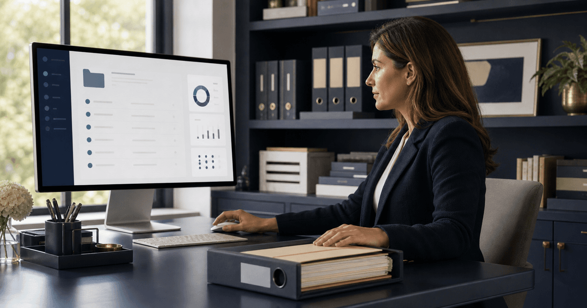 Executive assistant reviewing a structured digital archive beside a controlled decision file
