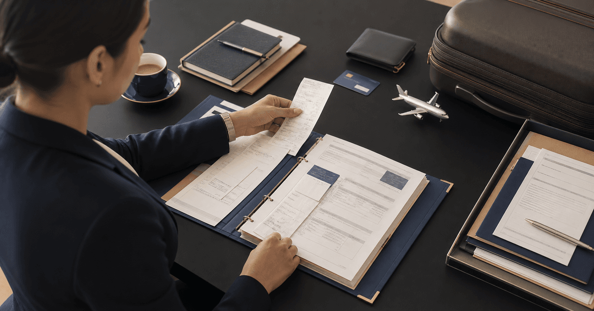 Executive assistant organizing business travel receipts and expense records into a structured review packet