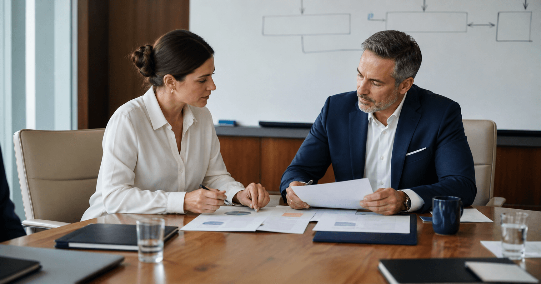 Executive assistant and leader reconciling a decision record after a meeting