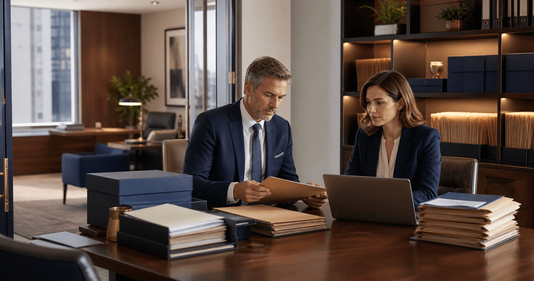Executive support professional and records owner reviewing governed files