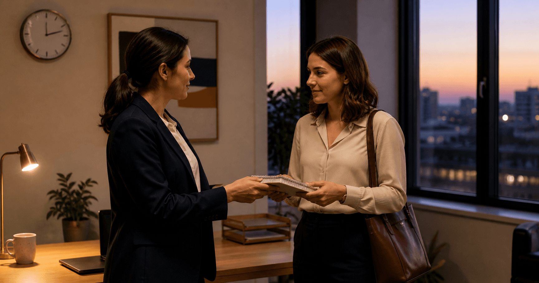 Executive support colleagues completing an early-evening coverage handoff