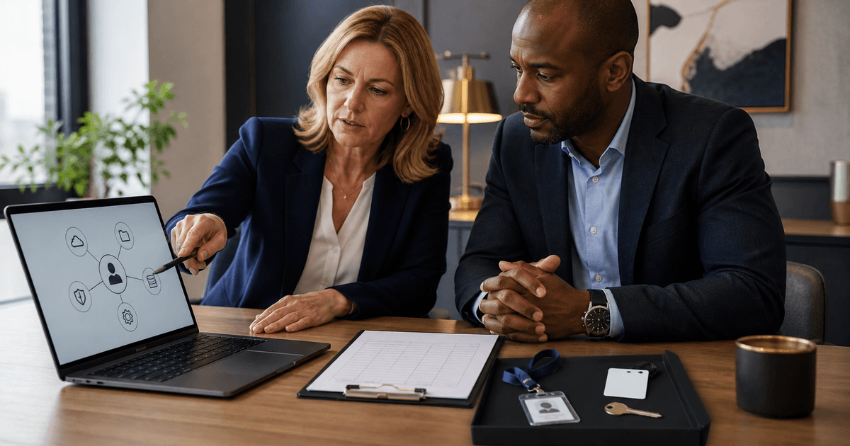 Executive assistant and IT colleague reviewing vendor access removal